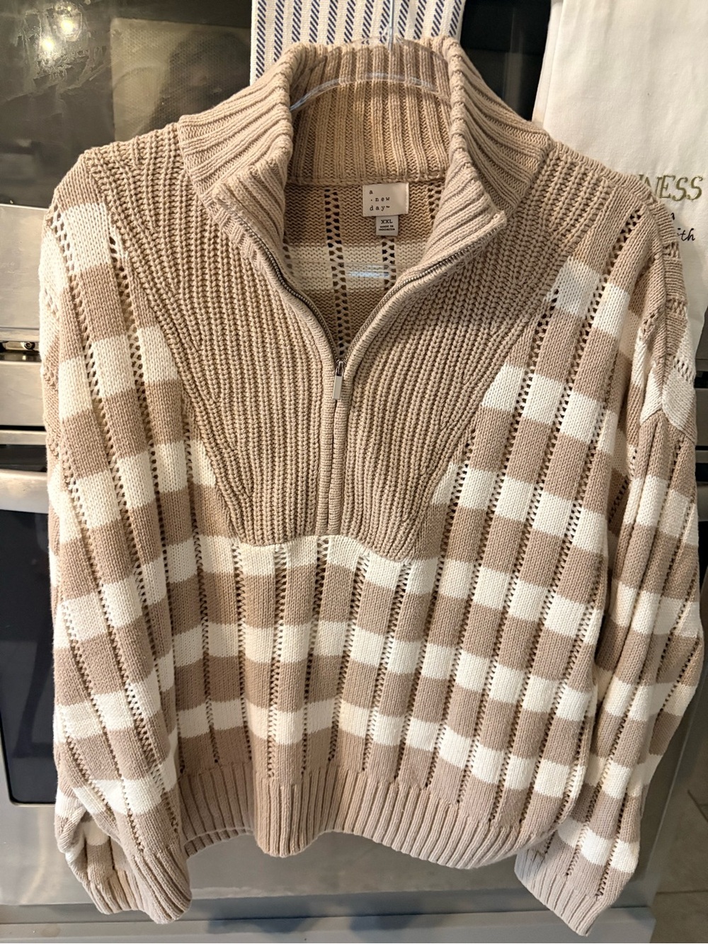 a new day Beige & White Half-Zip Checked Knit Sweater